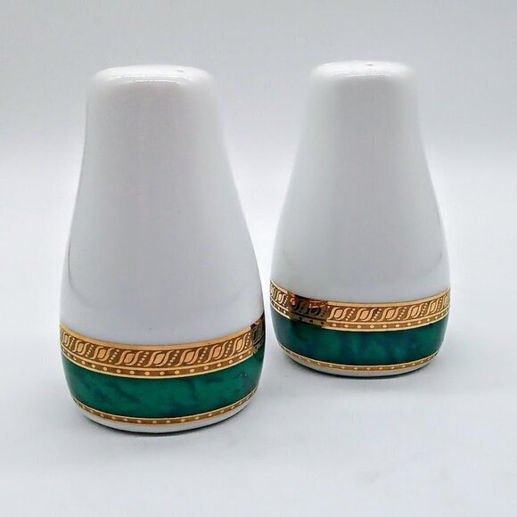 White Porcelain Green Gold Trim Salt & Pepper Shakers - Picture 1 of 6
